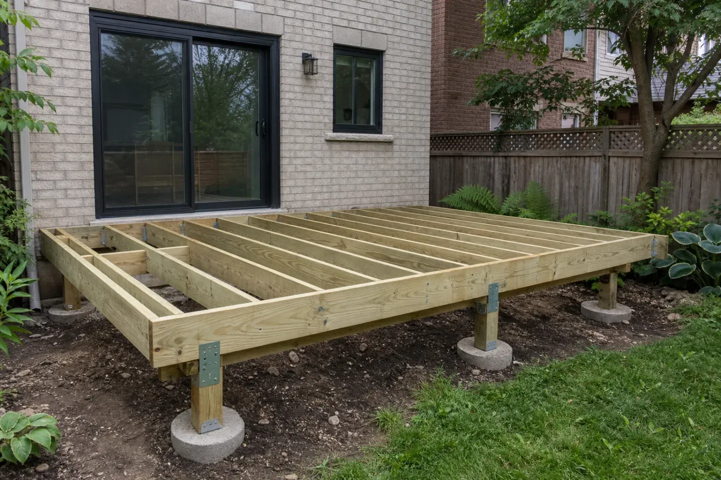 Illustration of an exposed pressure-treated deck frame in a compact residential backyard