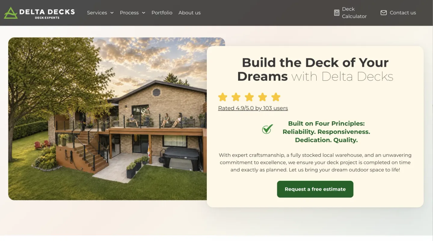 Delta Decks homepage hero with a completed two-level deck, five-star rating, and estimate button