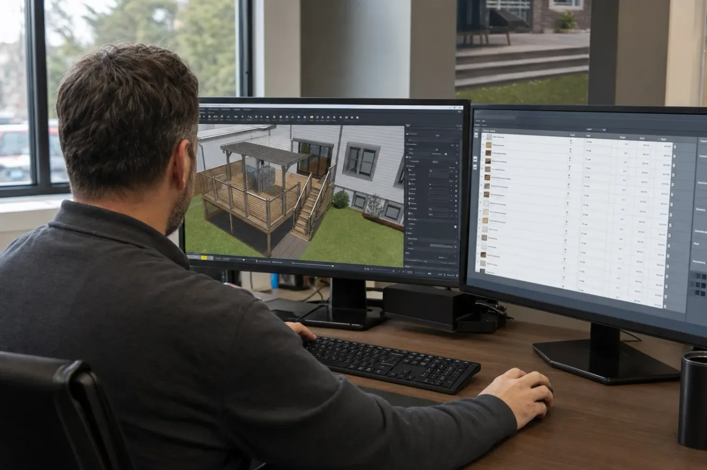 Illustration of a designer reviewing a 3D deck model and digital material estimate on a computer