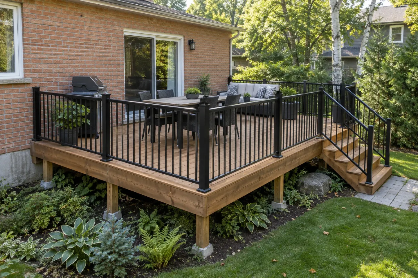 A cedar deck beside a brick house and exposed foundation, with black guards, a side stair and a birch garden