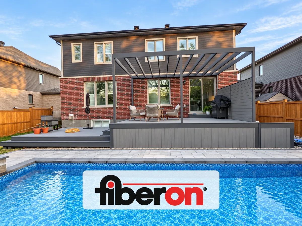 Poolside deck and pergola with the Fiberon logo