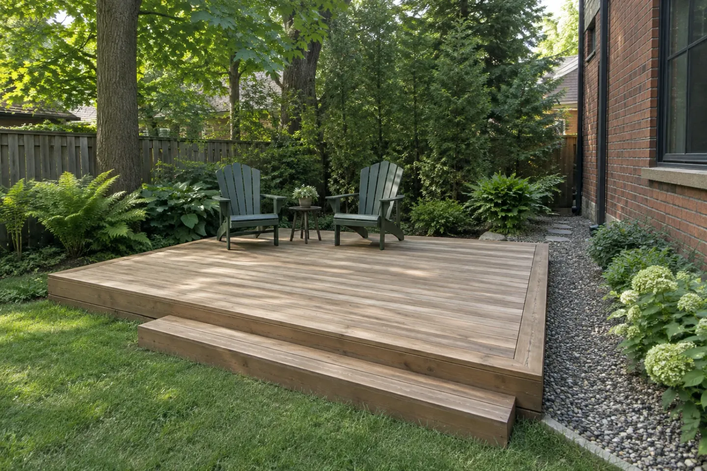 A low cedar platform separated from a brick house by gravel, with two Muskoka chairs beneath maple trees