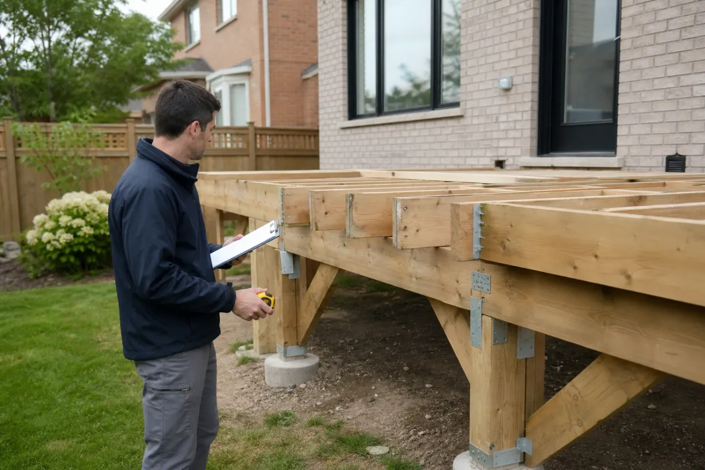 Illustration of a construction professional checking exposed deck framing with a clipboard and tape measure