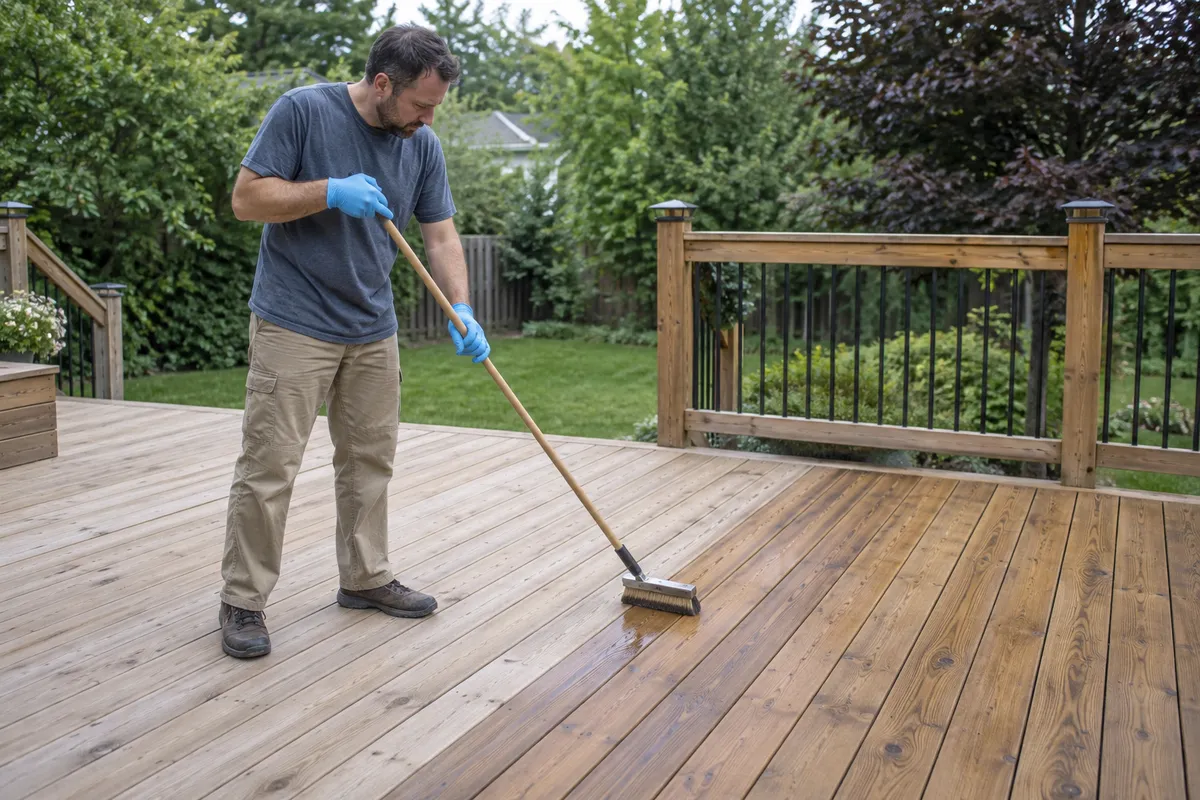 Homeowner wearing gloves applying wood oil along deck boards with a long-handled brush