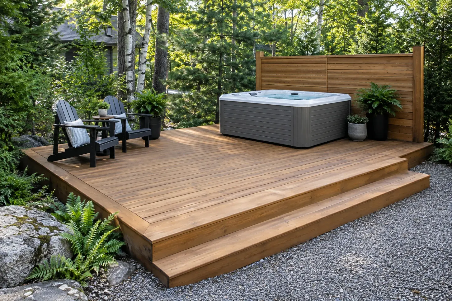 A square hot tub on a cedar deck with wide steps, a privacy screen, birch trees, pines and granite garden rocks
