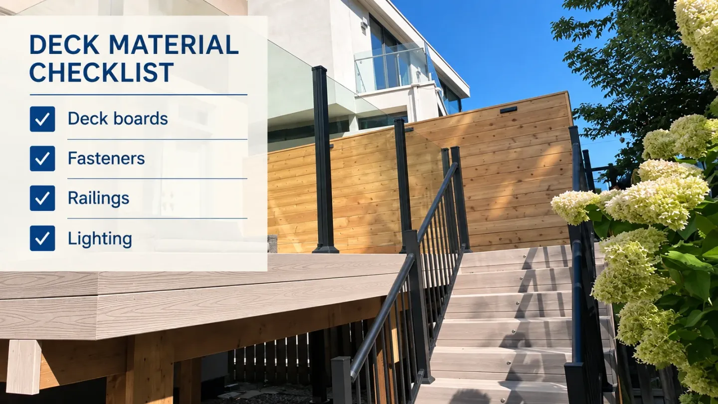 Deck material checklist over a deck photograph: deck boards, fasteners, railings and lighting; checklist visualization based on a real project