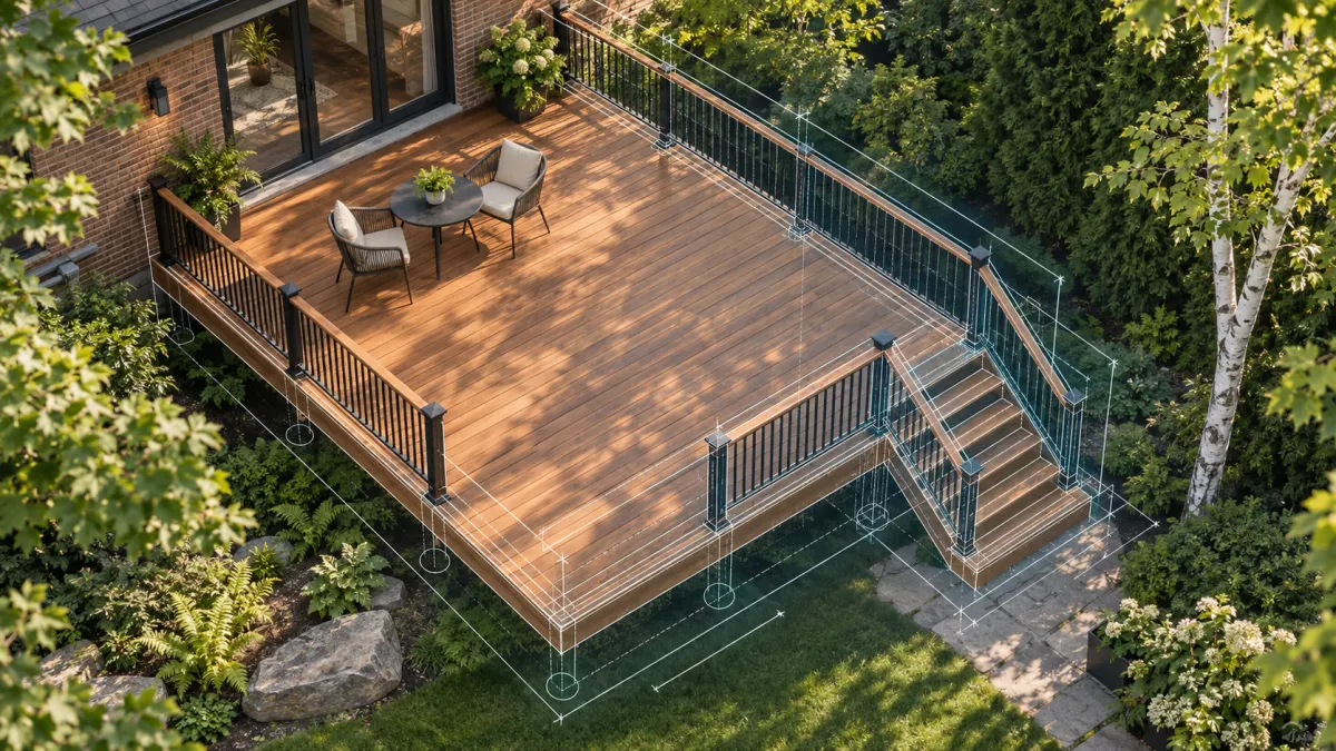 Aerial deck illustration with architectural plan lines showing the footprint, railings and stairs