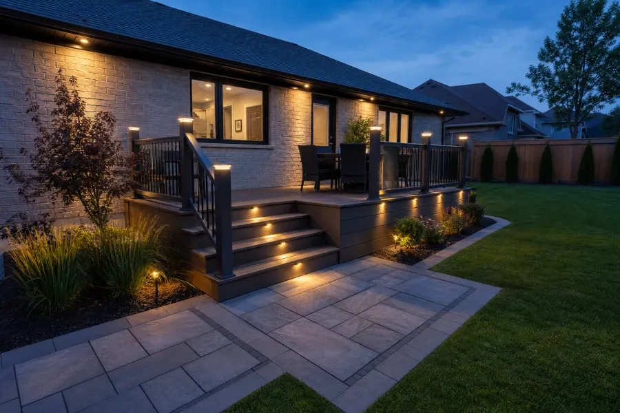 Warm low-voltage lights illuminating deck stairs and edges