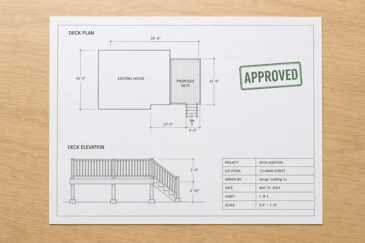 Approved deck permit plan with a deck schematic and elevation