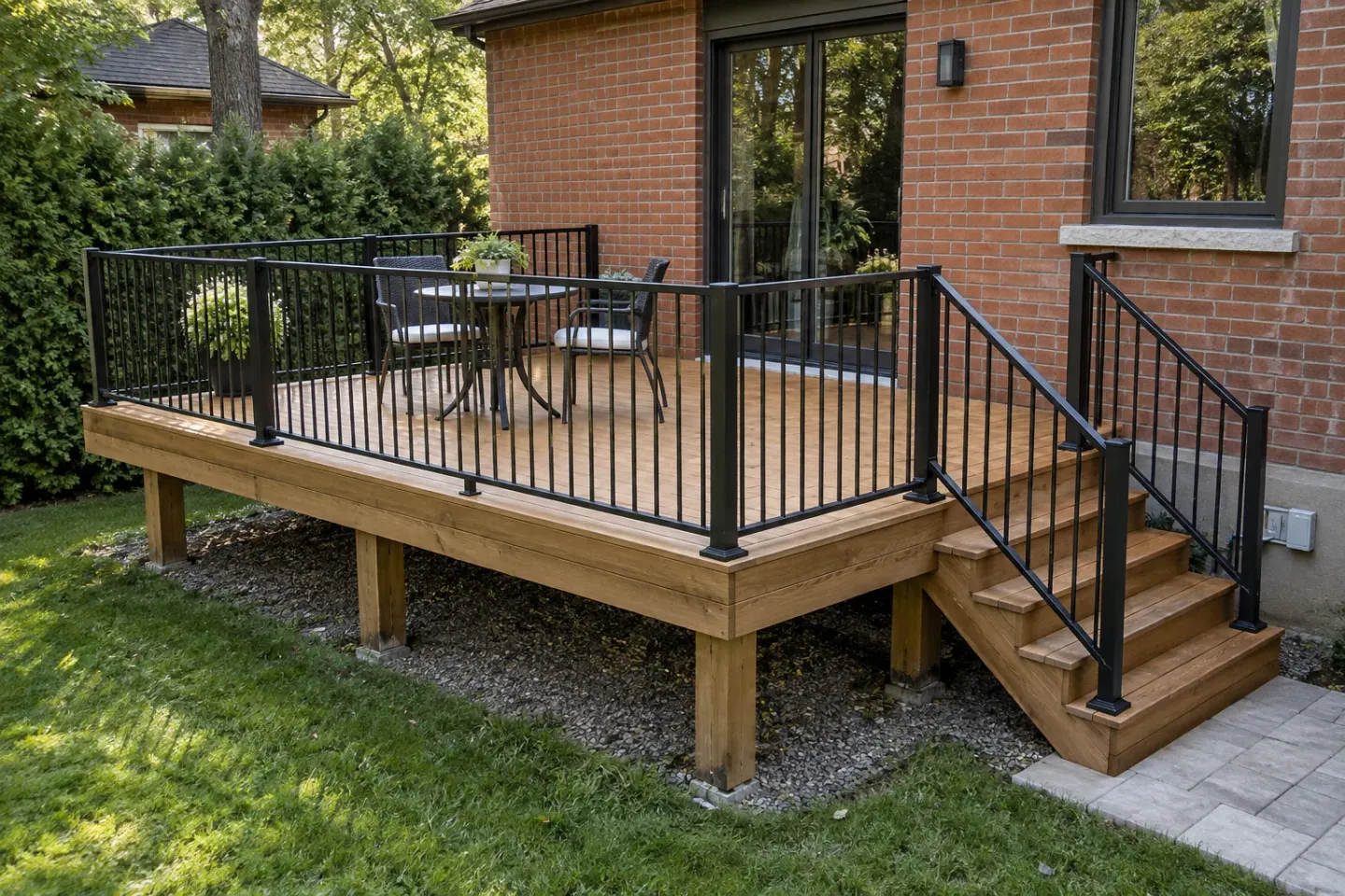 An attached cedar deck with black vertical guards, a corner stair and timber posts in an Ontario brick-house backyard