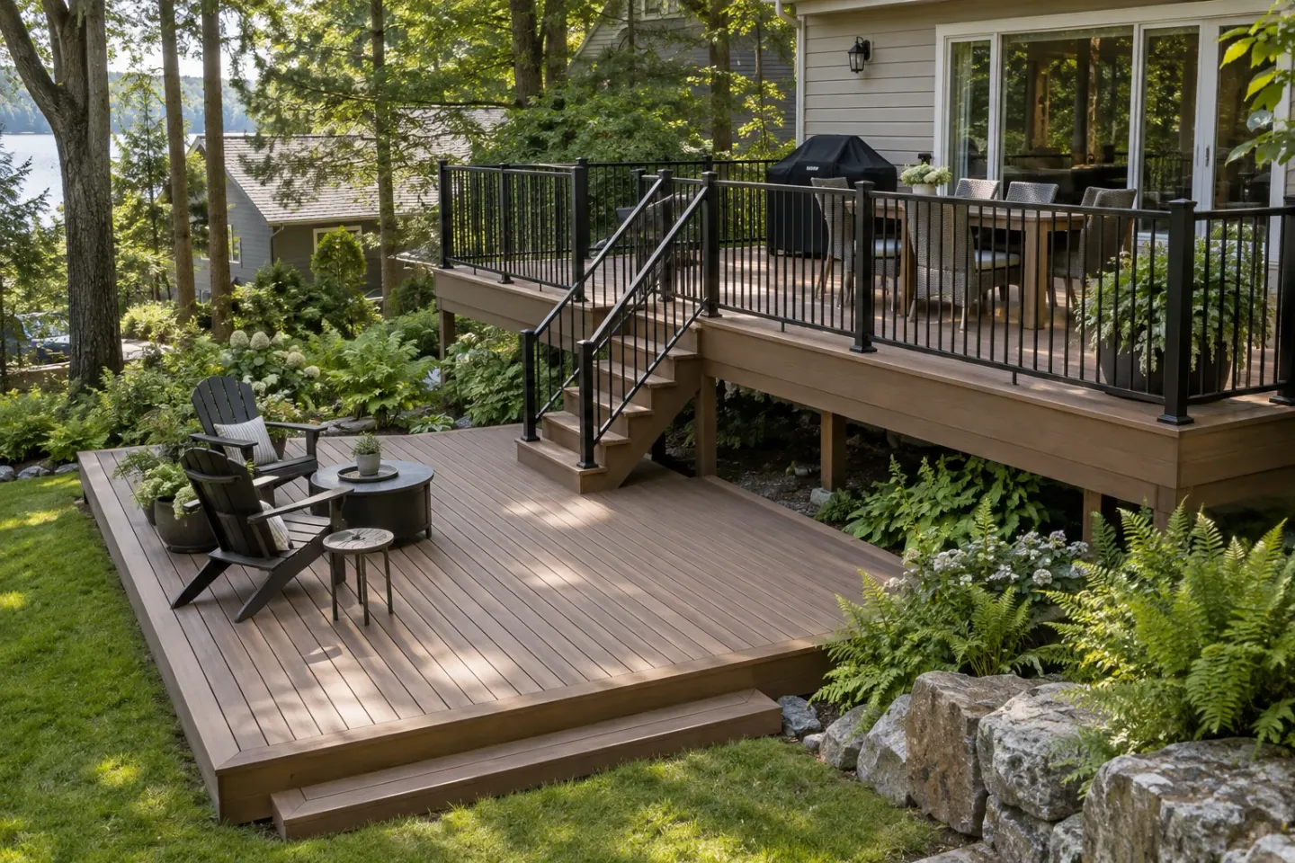 Two brown deck platforms joined by a guarded staircase, with an upper dining area and lower Muskoka chairs in a wooded Ontario garden