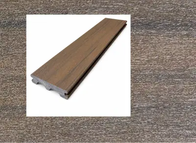 3Peaks Composite decking in Muskoka Walnut — board close-up beside a finished deck