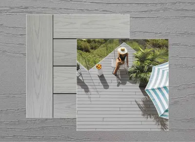 Azek Harvest decking in Slate Grey — board close-up beside a finished deck