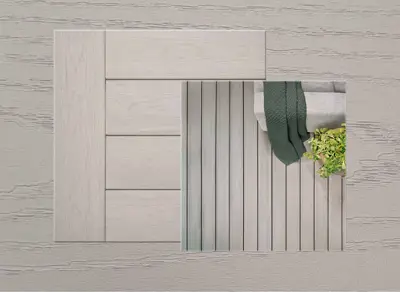 Azek Harvest+ decking in Timber Gray — board close-up beside a finished deck