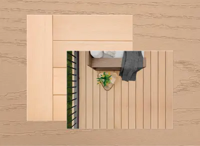 Azek Harvest+ decking in Toasted Wheat — board close-up beside a finished deck