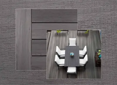 Azek Landmark decking in Castle Gate — board close-up beside a finished deck