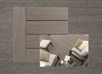 Azek Vintage decking in Coastline — board close-up beside a finished deck