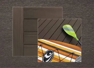 Azek Vintage decking in Dark Hickory — board close-up beside a finished deck