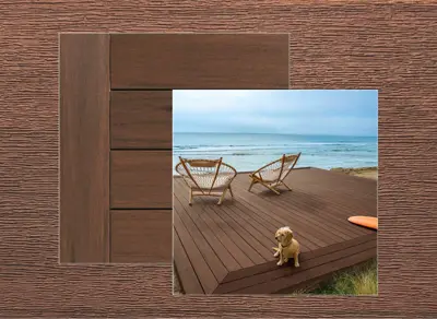 Azek Vintage decking in Mahogany — board close-up beside a finished deck