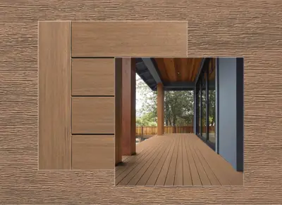 Azek Vintage decking in Weathered Teak — board close-up beside a finished deck