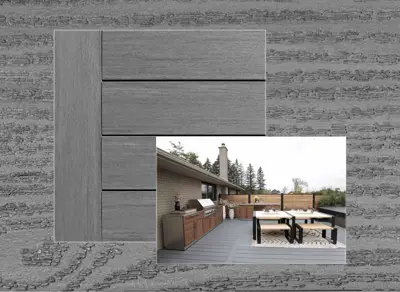 Clubhouse PVC decking in Driftwood — board close-up beside a finished deck