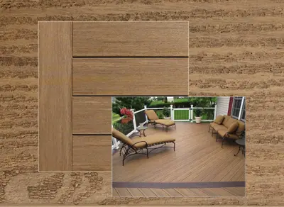 Clubhouse PVC decking in Ipe — board close-up beside a finished deck