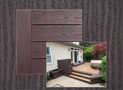 Clubhouse PVC decking in Mahogany — board close-up beside a finished deck