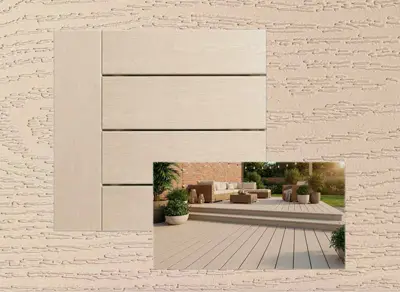 Clubhouse PVC decking in Sandstone — board close-up beside a finished deck