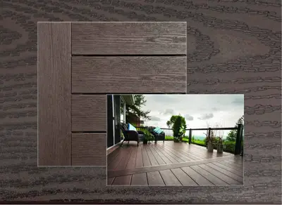Clubhouse PVC decking in Walnut — board close-up beside a finished deck