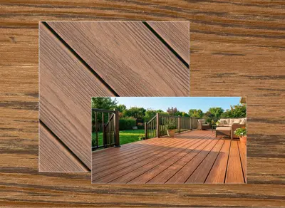 Eva-Last Apex Plus decking in Chestnut Cedar — board close-up beside a finished deck