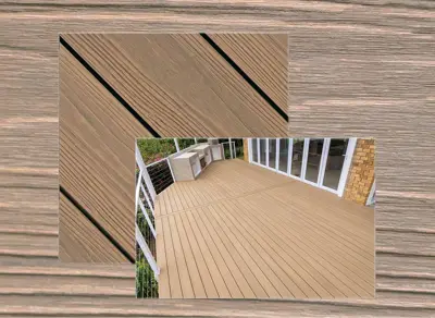 Eva-Last Apex Plus decking in Himalayan Cedar — board close-up beside a finished deck