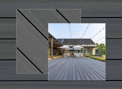 Eva-Last Infinity decking in Concrete Grey — board close-up beside a finished deck