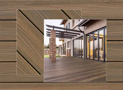 Eva-Last Infinity decking in Oasis Palm — board close-up beside a finished deck