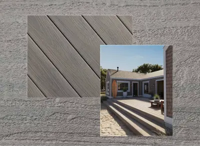 Fiberon Concordia decking in Seaside Mist — board close-up beside a finished deck