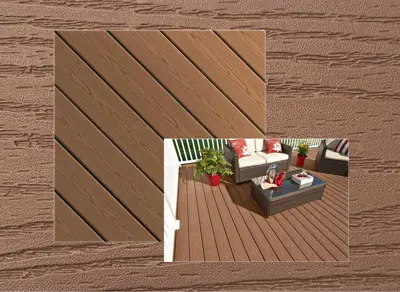 Fiberon GoodLife Weekender decking in Cabin — board close-up beside a finished deck