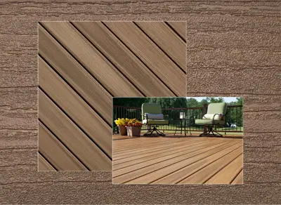 Fiberon Paramount decking in Brownstone — board close-up beside a finished deck