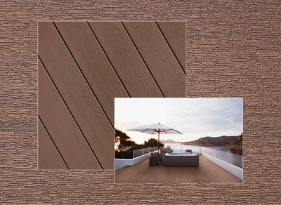 Fiberon Promenade decking in Russet Dune — board close-up beside a finished deck