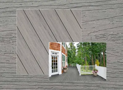 Fiberon Sanctuary decking in Chai — board close-up beside a finished deck