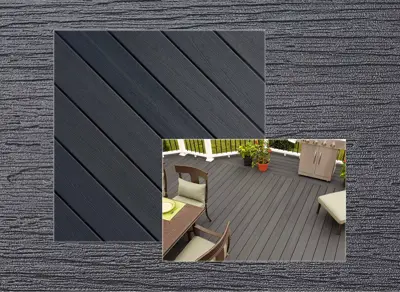 Fiberon Sanctuary decking in Earl Grey — board close-up beside a finished deck