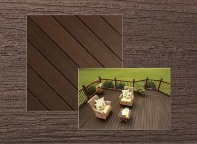 Fiberon Sanctuary decking in Espresso — board close-up beside a finished deck