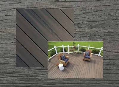Fiberon Sanctuary decking in Latte — board close-up beside a finished deck