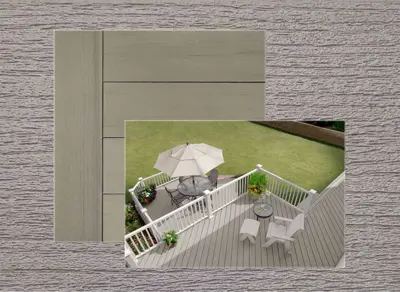 TimberTech Terrain+ decking in Weathered Oak — board close-up beside a finished deck