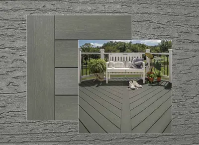 Trex Basics decking in Clam Shell — board close-up beside a finished deck