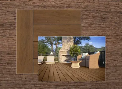Trex Transcend Lineage decking in Hatteras — board close-up beside a finished deck