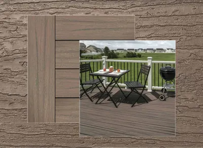 Trex Naturals decking in Coastal Bluff — board close-up beside a finished deck