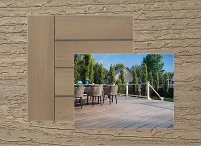 Trex Naturals decking in Honey Grove — board close-up beside a finished deck