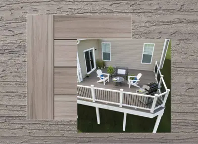 Trex Naturals decking in Rocky Harbour — board close-up beside a finished deck