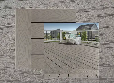 Trex Select decking in Pebble Grey — board close-up beside a finished deck
