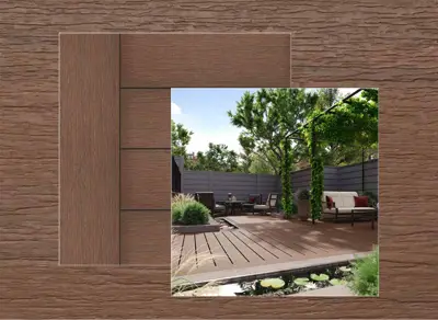Trex Select decking in Whiskey Barrel — board close-up beside a finished deck