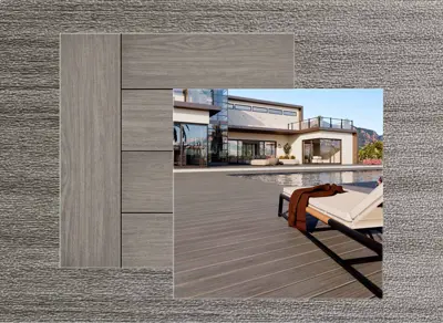 Trex Signature decking in Whitbey — board close-up beside a finished deck